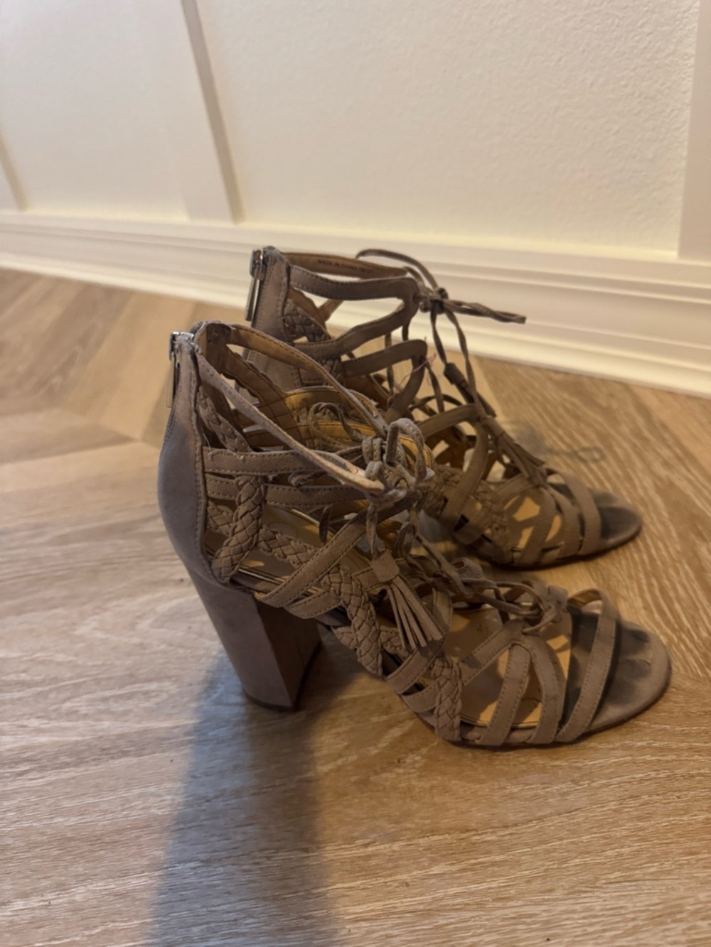 Jessica Simpson Taupe Braided Lace-Up Block Heel Sandals